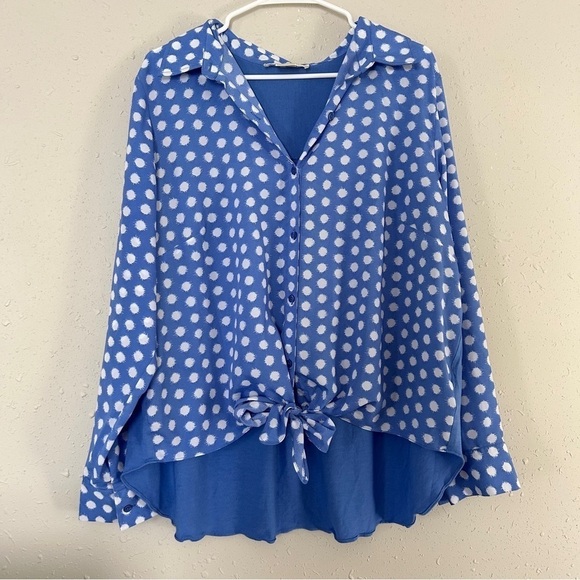 🦋 Michael Michael Kors Blue White Polka Dot Button Down Tie Blouse Casual - Picture 1 of 6
